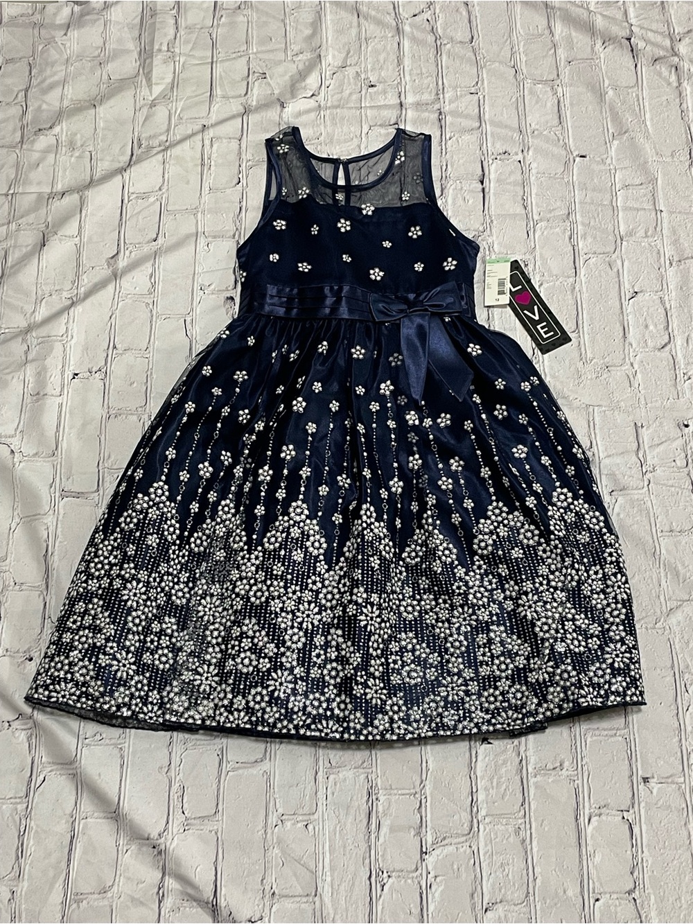 Navy Floral Sequin A-Line Kids Dress with Satin Bow